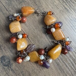 Multi Gemstone Charm Bracelet Silver Tone EUC